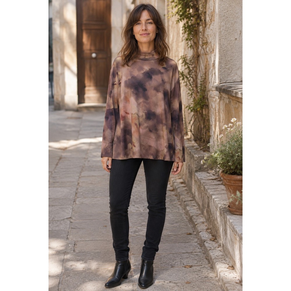 Susan Graver 2X Watercolor Print Tunic Top Mock Neck Long Sleeve Liquid Knit
